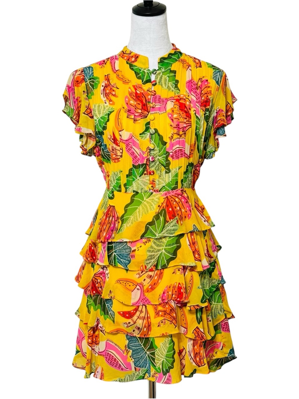 Farm Rio Beaks & Bananas Yellow Ruffle Mini Dress Women's Small Tropical Toucan